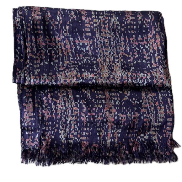 Italian Silk Scarf Multi-color Abstract Pattern on Indigo Fringe Edge 76x16 NWOT - Picture 6 of 6